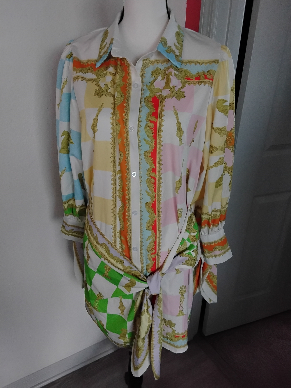 Source Unknown Multicolor Scarf-Print Midi Dress with Gold Accents